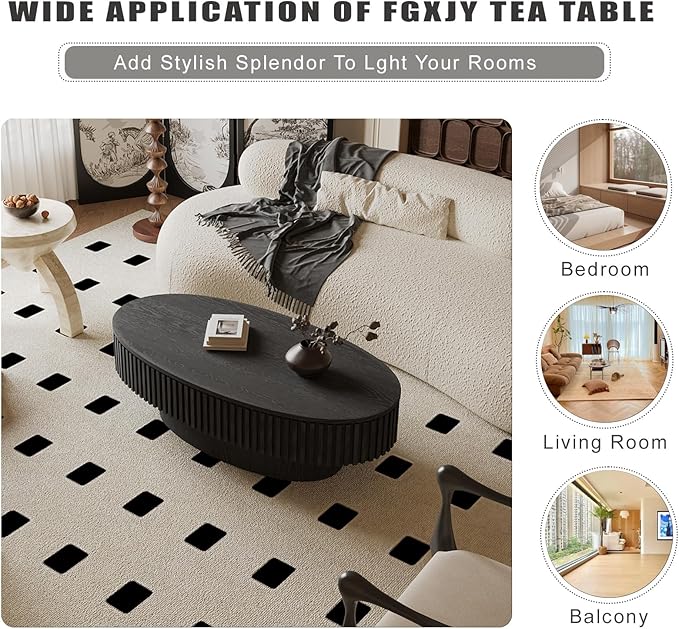 Oval Coffee Table with Storage, Modern Black Coffee Table with Solid Wood - Image 6