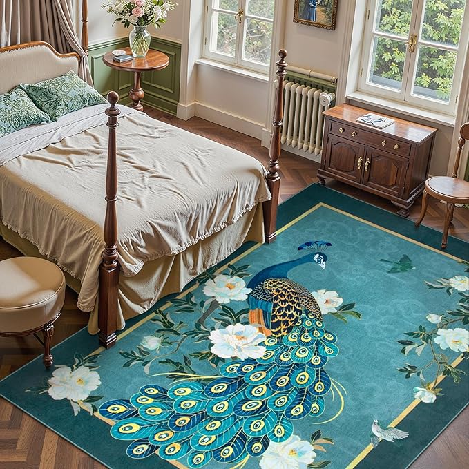 Lahome Peacock Washable Rugs 5x7, Soft Blue Rug - Image 2