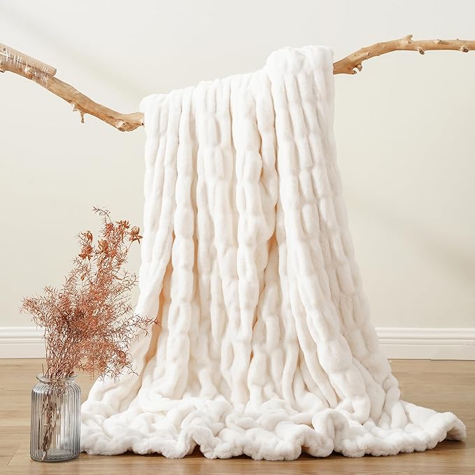 BATTILO HOME Cream Faux Fur Throw Blanket - Image 7
