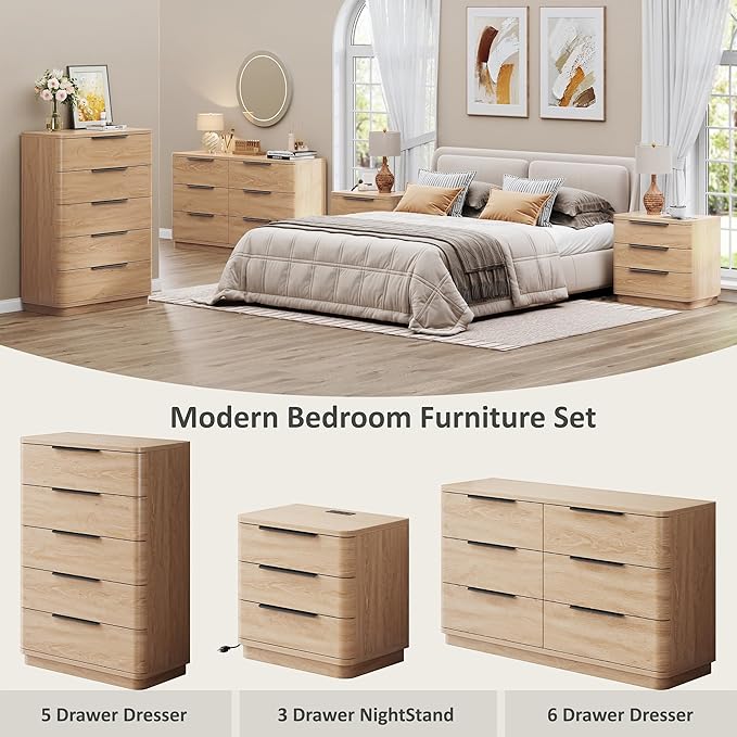 5 Drawer Dresser for Bedroom, Curved Profile Design, Wooden Closet - Image 5