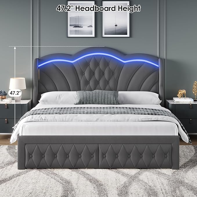 Keyluv King Bed Frame with LED Lights and 2 Storage Drawers, Velvet Upholstered - Image 5