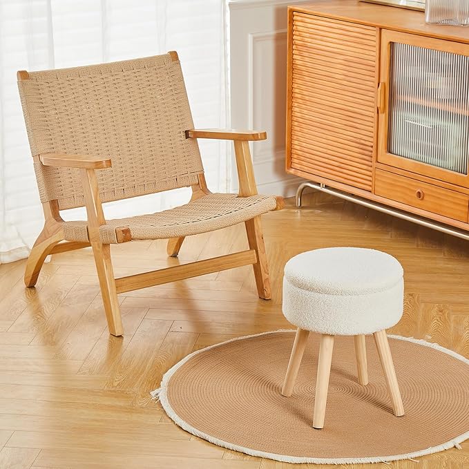 Mxfurhawa Storage Ottoman Foot Stool Teddy Velvet Round Vanity Stool Tray Top - Image 4