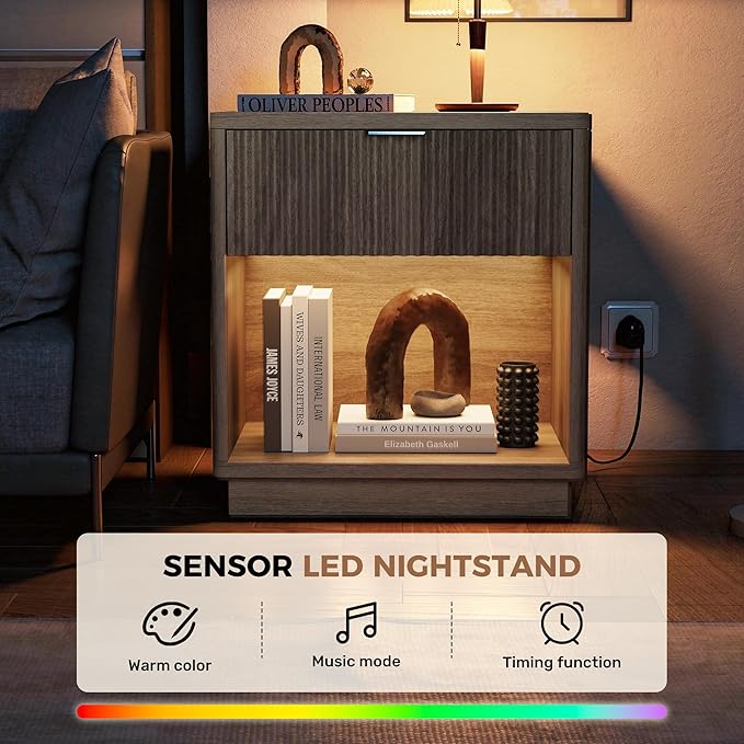 Miereirl Fluted Nightstand Charging Station, Wooden Vintage Night Stands Curved - Image 6