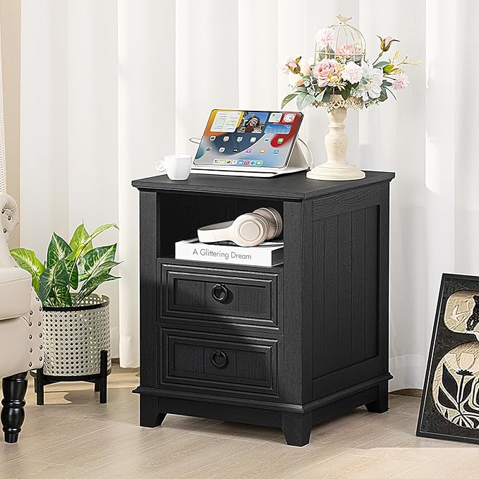 18" Night Stands Set of 2 with Charging Station, Farmhouse 2 Drawers End Table - Image 9