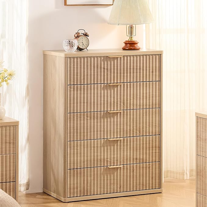 LEYAOYAO Fluted 5 Drawers Dresser Set of 2, Curved Profile Dresser TV Stand - Image 4