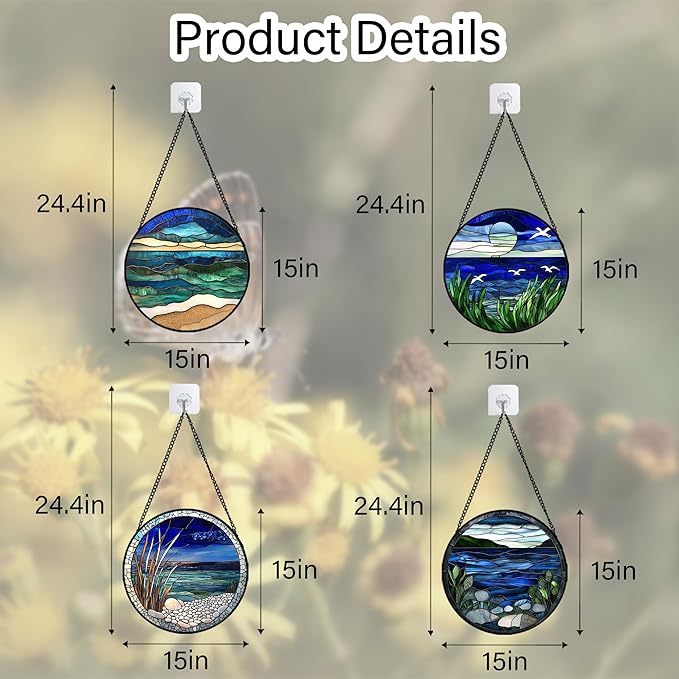 AMDERVEN Stained Glass Window Hanging 4 Pcs Set Navy Blue Ocean Landscape Large - Image 6