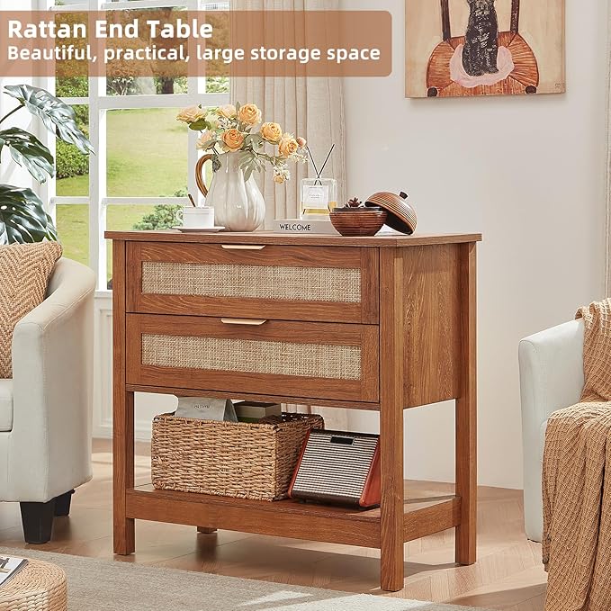 LEYAOYAO 31.5" Wide Rattan Night Stand, Oversized Large Boho Nightstand - Image 3