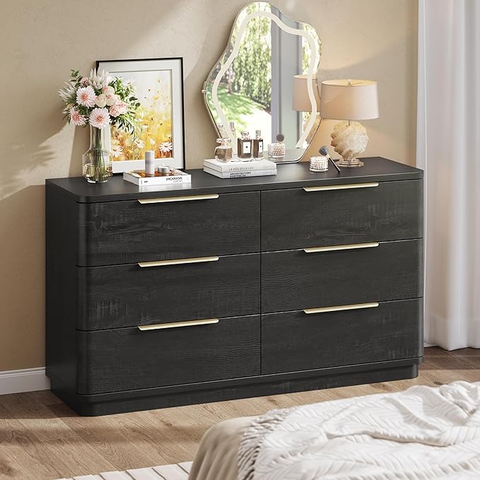 6 Drawer Dresser for Bedroom, Curved Profile Design, Wooden Black Dresser - Image 7