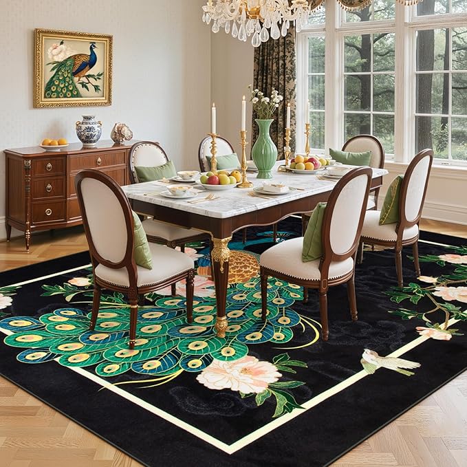 Lahome Peacock Area Rugs 8x10, Floral Non Slip Vintage Ultra-Thin Stain - Image 3