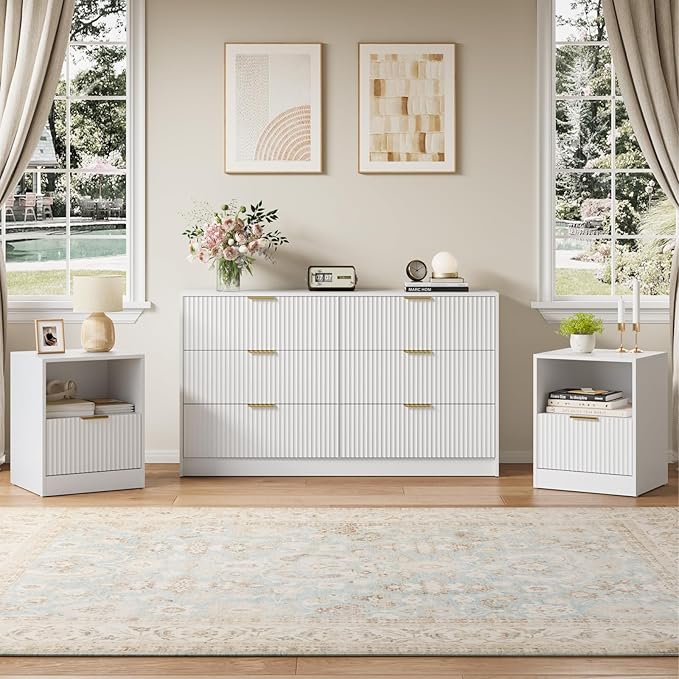 6 Drawer Dresser & Nightstand Set 3-Piece, 55” Wide Bedroom Set Night Stand Set by NOVAMAISON