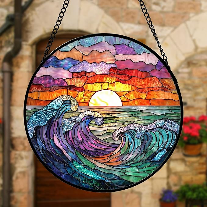 DASTOLL Stained Glass Window Hanging, Clouds and Sea Waves Suncatcher Diamond - Image 3