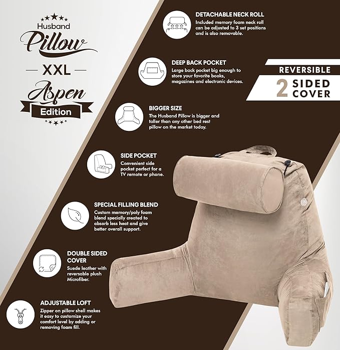 Husband Pillow XXL Aspen Edition, Adult Reading Sit Up Bed Rest Pillow - Image 5