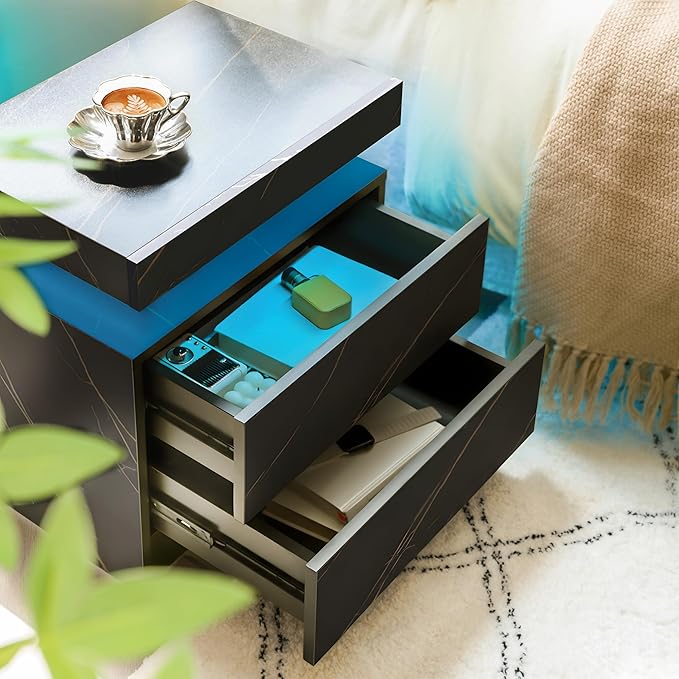 LED Bedside Table with 2 Drawers, Modern Nightstand Cabinet - Image 4