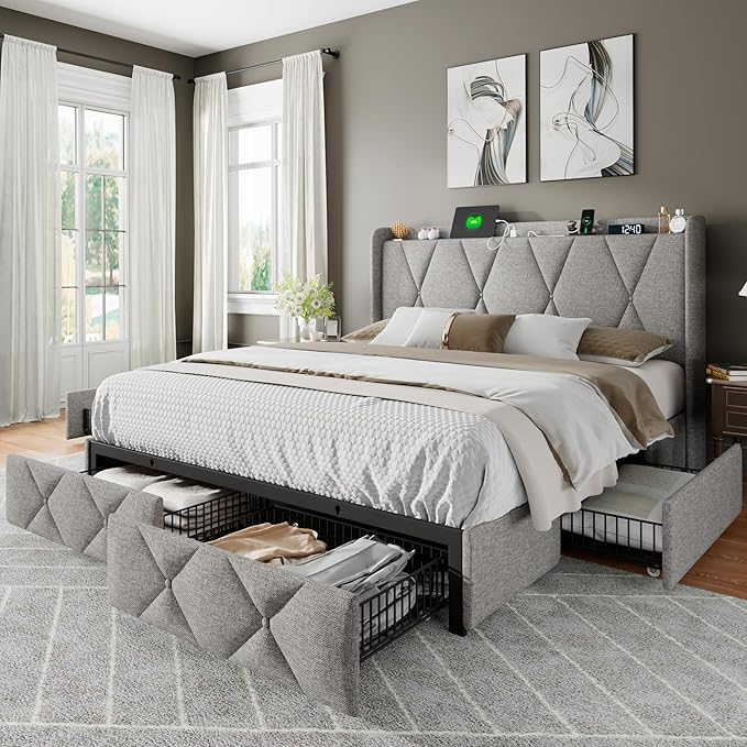 Feonase Full Bed Frame with 4 Storage Drawers, Upholstered Button Tufted by FEONASE