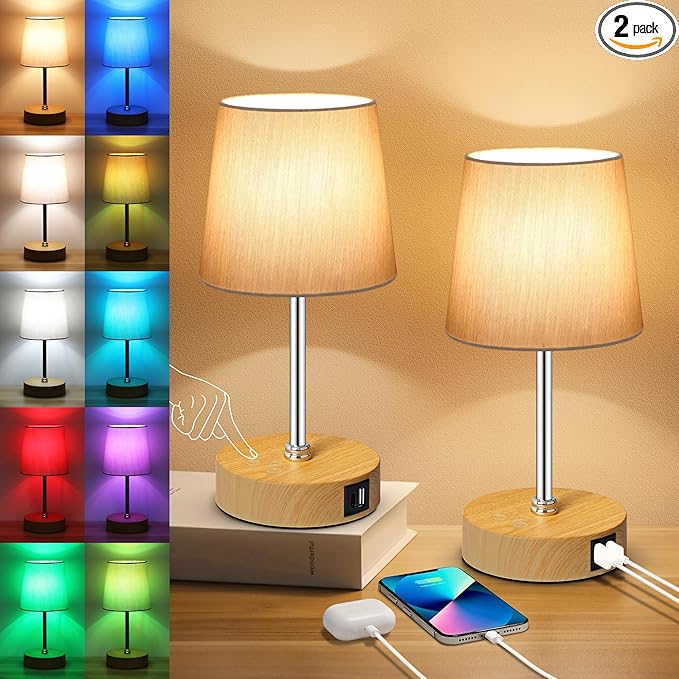 Ascher Small Bedside Table lamp Set of 2, RGB Color Changing Lamps, 3 Color by Ascher