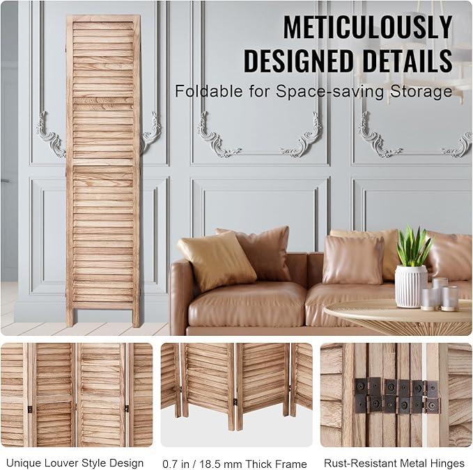 VEVOR Wood Room Divider, 6 Panel Wood Folding Privacy Screen, 66.9 Inches Tall - Image 6