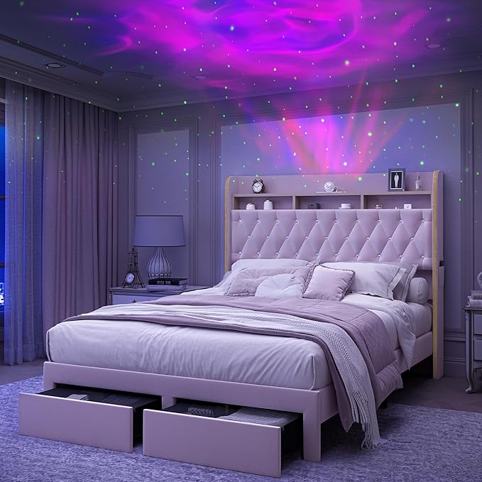 Full LED Bed Frame with Storage Drawers, Velvet Upholstered Platform Beds with by SibedsFurniture