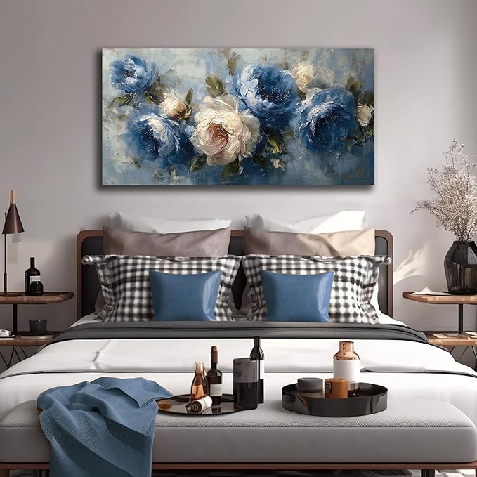 JuhaiArt Blue Wall Art Bedroom Large Flower Canvas Wall Decor Peony Floral - Image 7