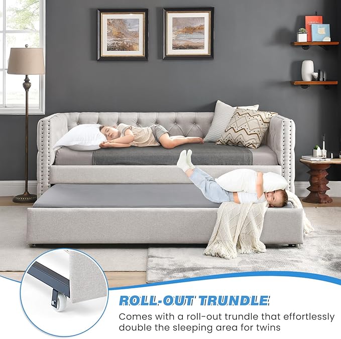 Antetek Daybed with Trundle, Upgraded Linen Upholstered Twin Size Day Bed - Image 5