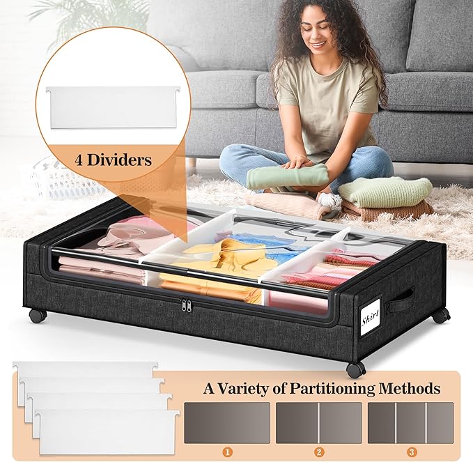 2 Pack Under Bed Storage with 4 Dividers, Large Under Bed Storage Containers - Image 2