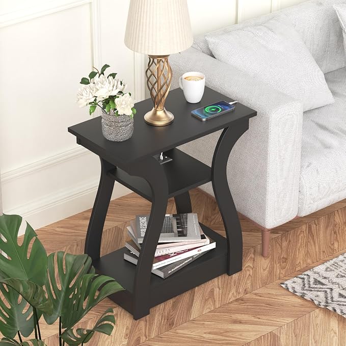 Black End Table Set of 2 with Charging Station, Side Table with USB Ports and - Image 6