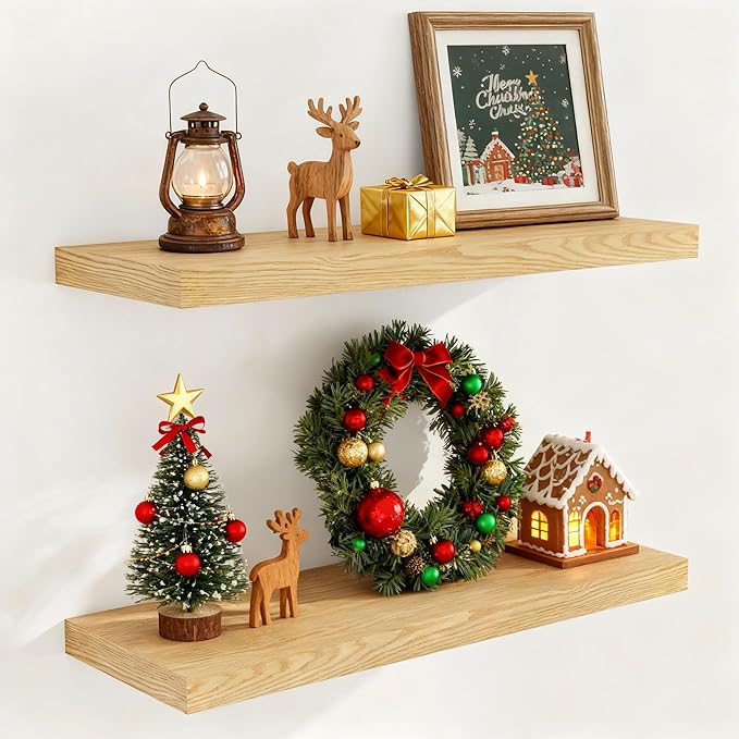 Fun Memories 32 Inch Floating Shelves, Wall-Mounted Bathroom Shelves Set of 2 by FunMemories