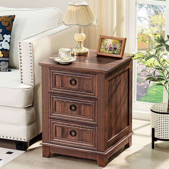 18" Farmhouse Night Stand with 3 Drawers, Wood End Table Dresser - Image 7