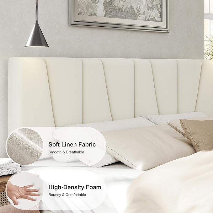 Queen Size Bed Frame with Fabric Upholstered Headboard, Platform Bed with - Image 3