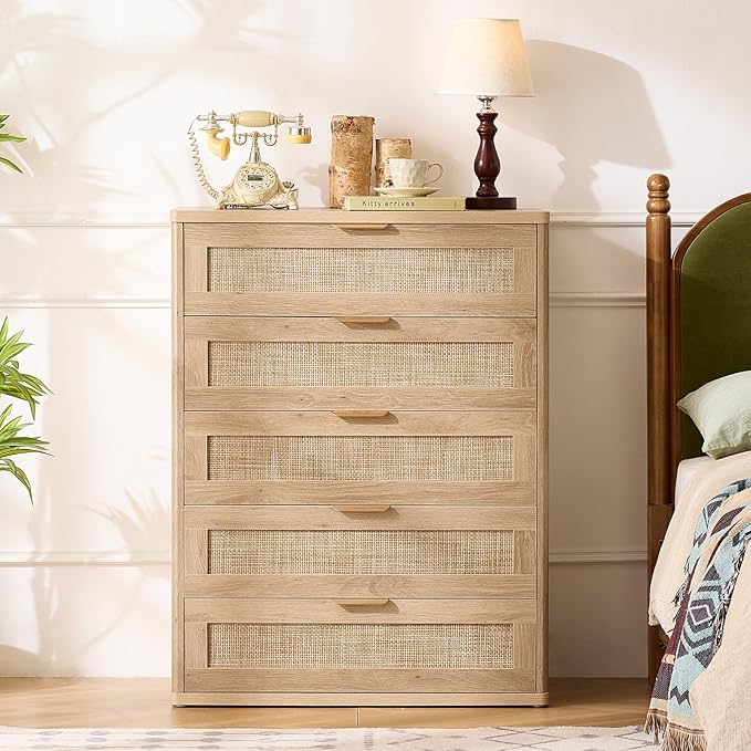 LEYAOYAO Rattan Dresser for Bedroom, Modern 5 Drawers Boho Dressers - Image 7
