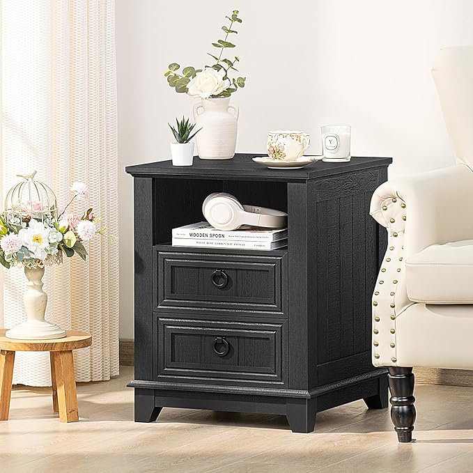 18" Farmhouse Night Stand with Charging Station, 2 Drawers End Table Dresser - Image 7