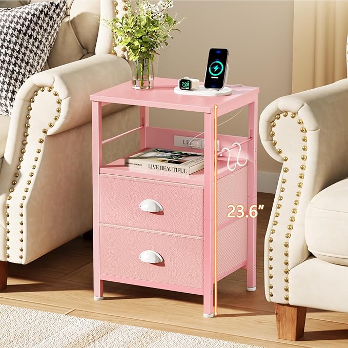 Furologee Nightstand with Charging Station, Night Stand with 2 Fabric Drawers - Image 3