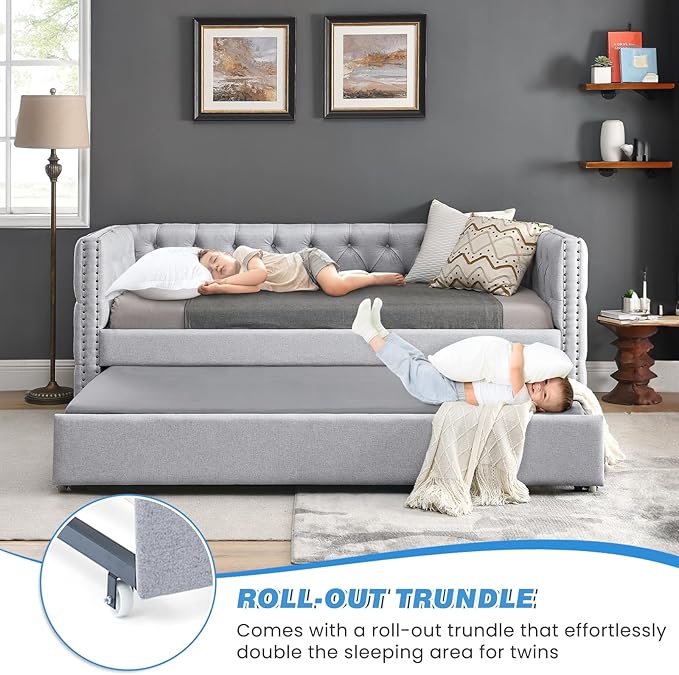 Antetek Daybed with Trundle, Upgraded Linen Upholstered Twin Size Day Bed - Image 5