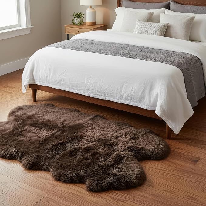 Genuine Dark Brown Sheepskin Rug, Real Fluffy Quad Pelt 4x6 ft Fur Area Rug - Image 2