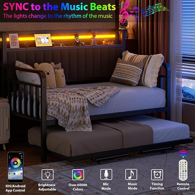 Daybed with Trundle and LED Light, Heavy Duty Metal Twin Bed Frame with - Image 5
