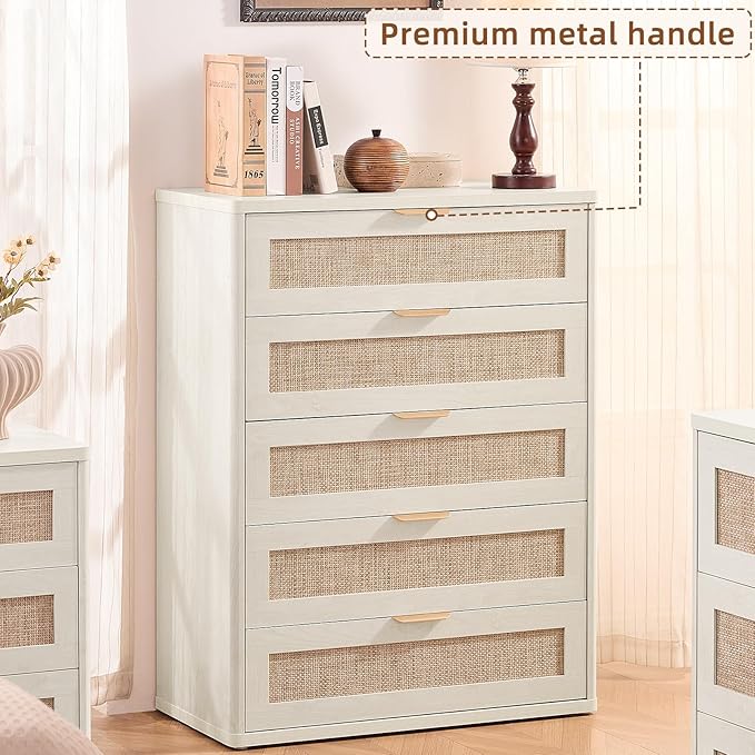 LEYAOYAO Rattan Dresser for Bedroom Set 2, Modern 5 Drawers Boho Dressers - Image 4