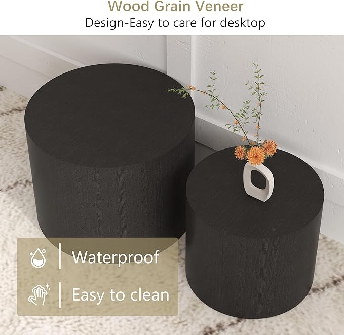 Nesting Coffee Table Set of 2, Round Wood Black Coffee Tables Modern Circle - Image 4