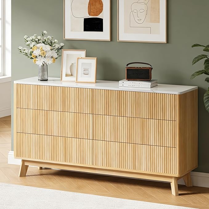 Fluted 6 Drawers Dresser for Bedroom, Wooden Dresser TV Stand, Wood Drawer by Airynee