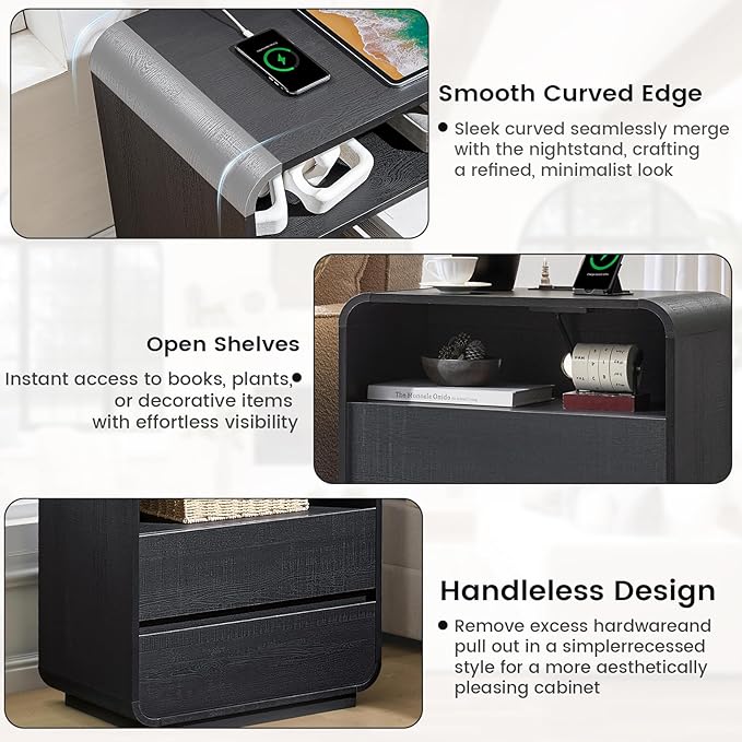 Black Nightstand with Charging Station, Modern End Table with 2 Storage Drawers - Image 7