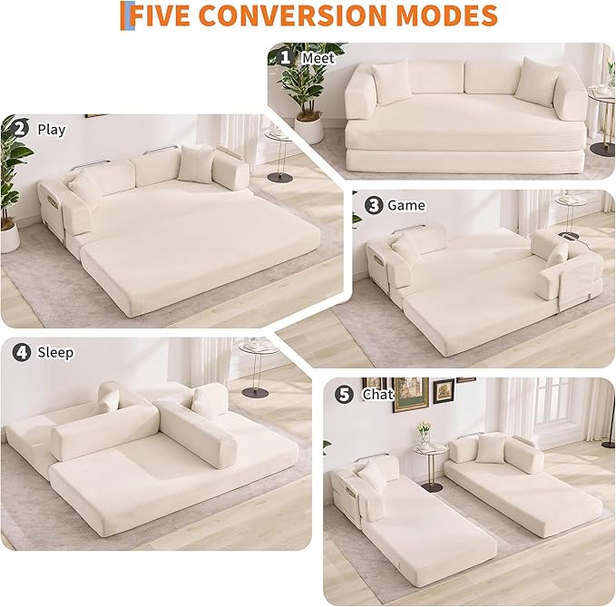 Garvee 5-in-1 Convertible Sofa Bed, 78.8" Modular Corduroy Sleeper - Image 6