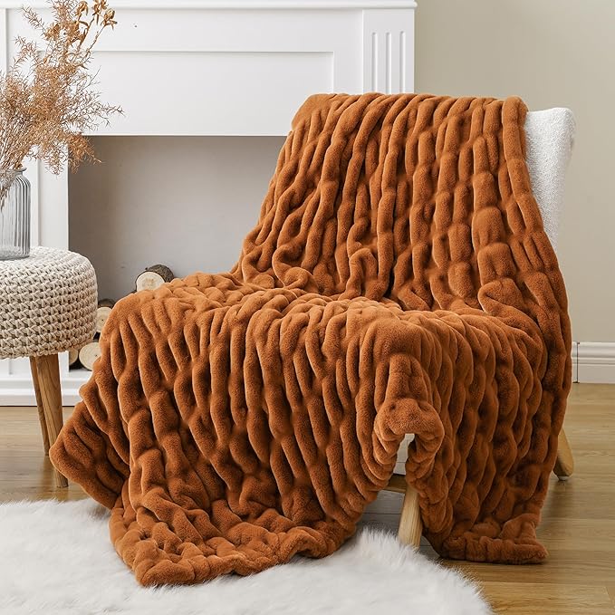 BATTILO HOME Burnt Orange Faux Fur Throw Blanket - Image 3