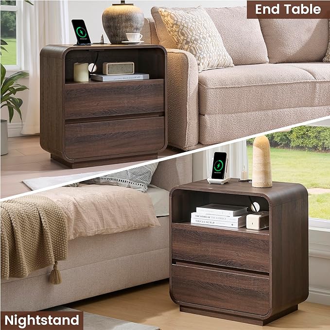 Farmhouse Night Stand, 2 Storage Drawers Bedside Table Curved Profile, - Image 5