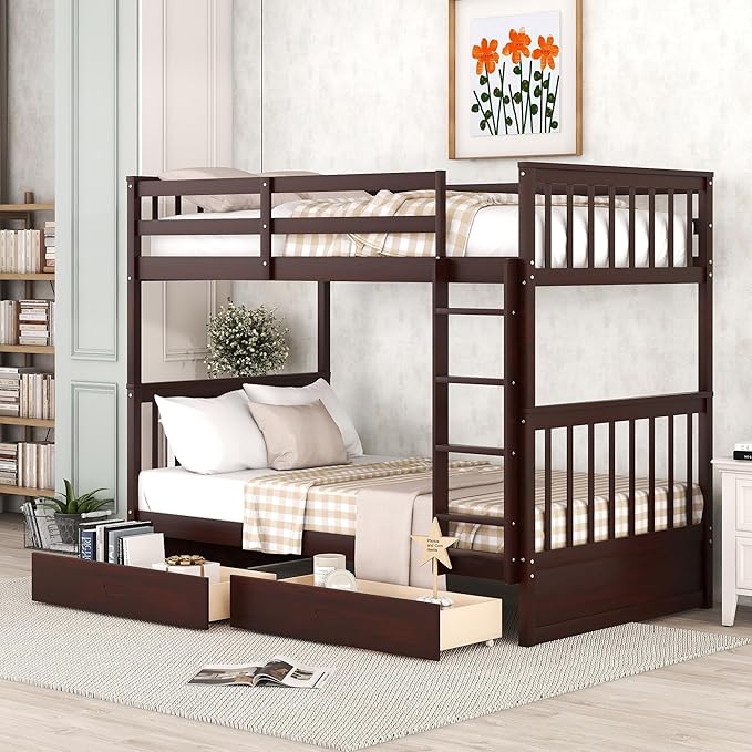 Merax Wood Bunk Bed with Drawers, Convertible Wood Bunk Bed with Ladders and by Merax