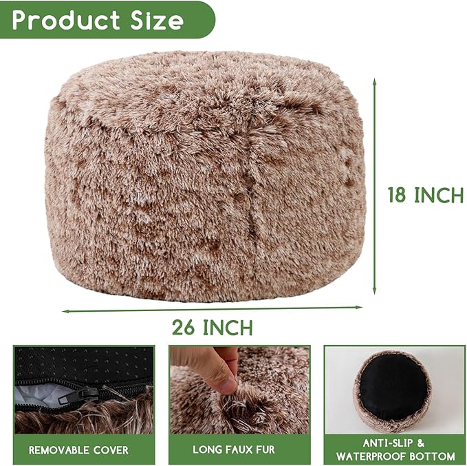 HIGOGOGO Round Stuffed Pouf Ottoman, Long Faux Fur Poufs - Image 2