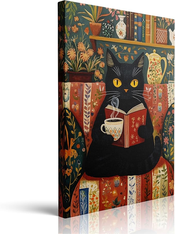 Black Cat Wall Art Canvas Reading Cat Artwork Cozy Library Illustration Vintage by PverorArt