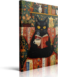 Pveror Reading Black Cat Canvas Wall Art Whimsical Animal Illustration Cozy by PverorArt