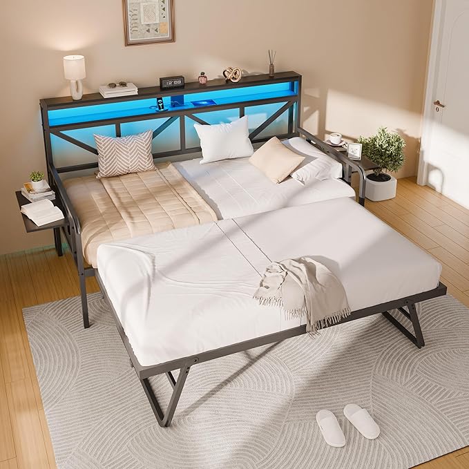 Daybed with Trundle, Heavy Duty Metal Twin Bed Frame with LED Lights & 2-Tier by furniture
