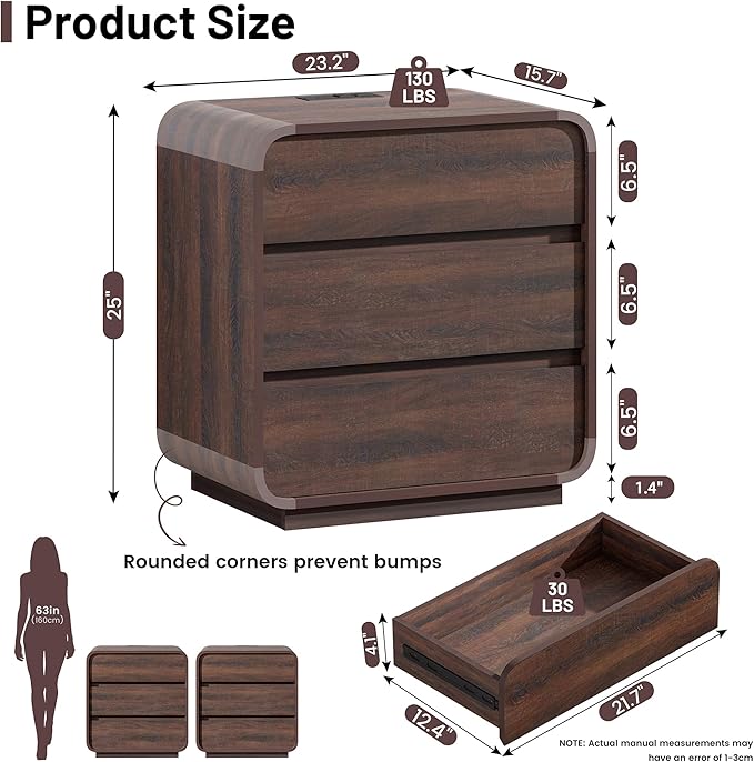 Walnut Nightstand with Charging Station, Modern Curved End Table with 3 Drawers - Image 3