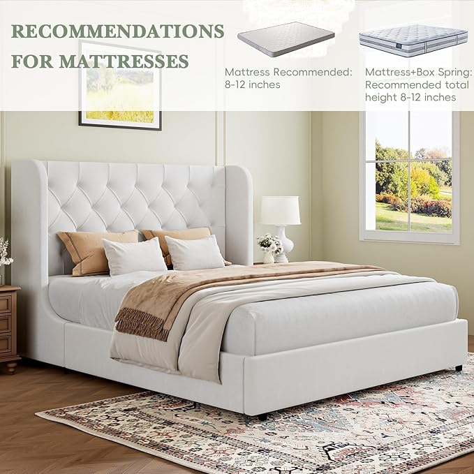 HOMBCK White Queen Bed Frame, Velvet Upholstered Platform Bed Frame - Image 6