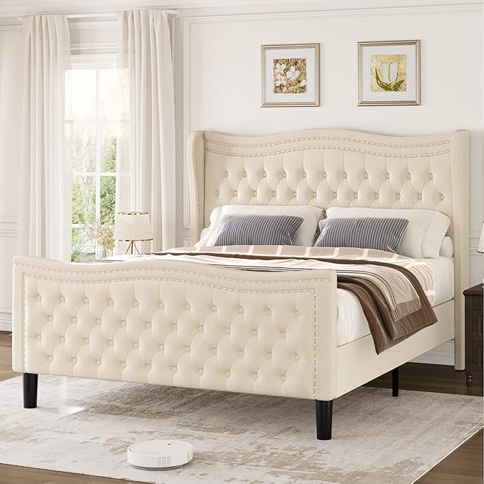 King Bed Frame with Tall Headboard & Footboard, Velvet Upholstered Platform Bed by VINTLJUS