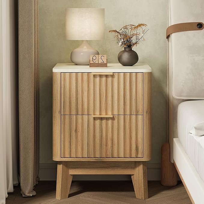 Fluted Nightstand with Faux Marble Top, Modern End Table with Metal Handles - Image 7